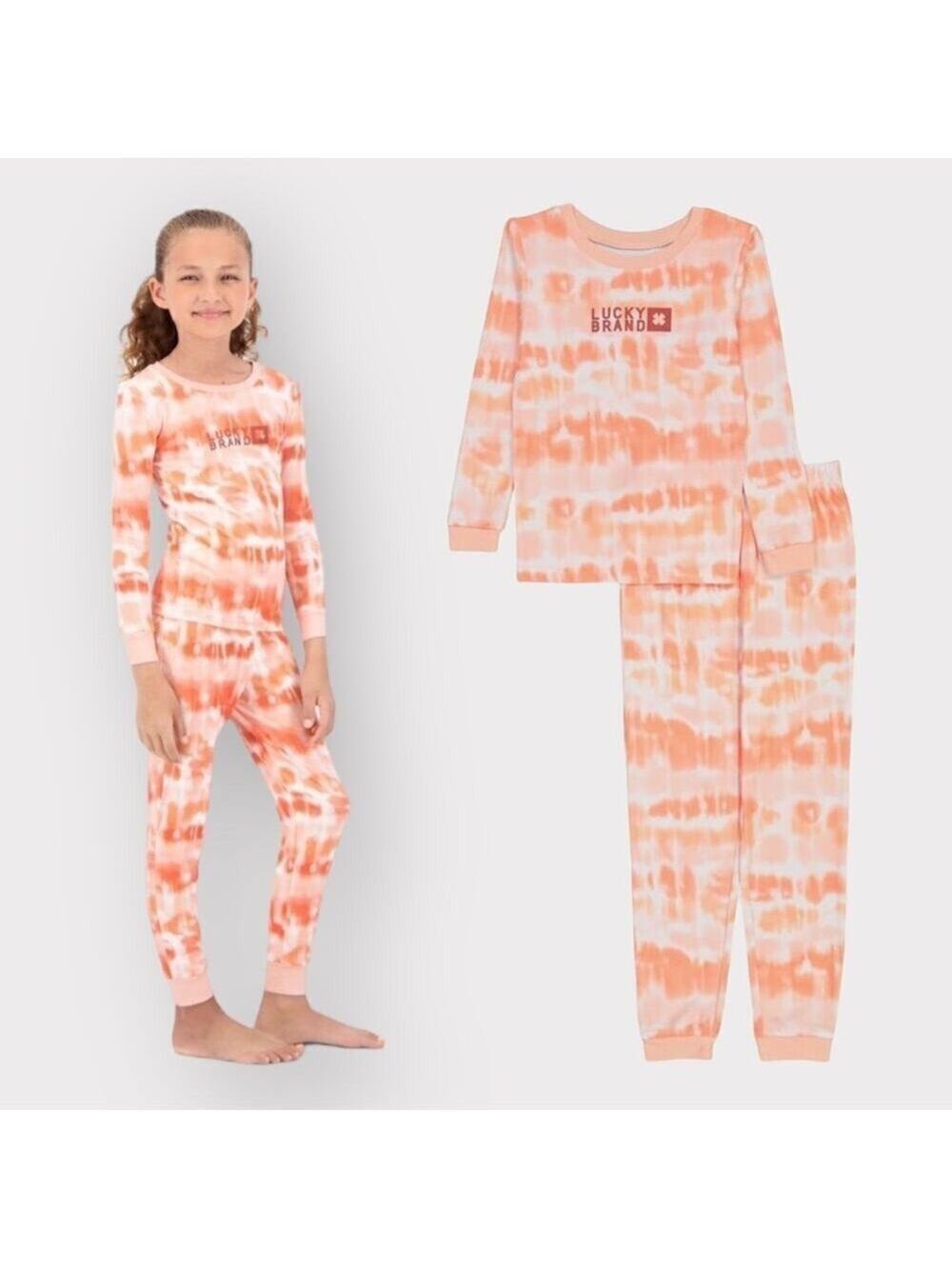 Lucky Brand NEW Long Sleeve Pajama Set Girls sz 4 NWT Coral Orange White Tie-Dye